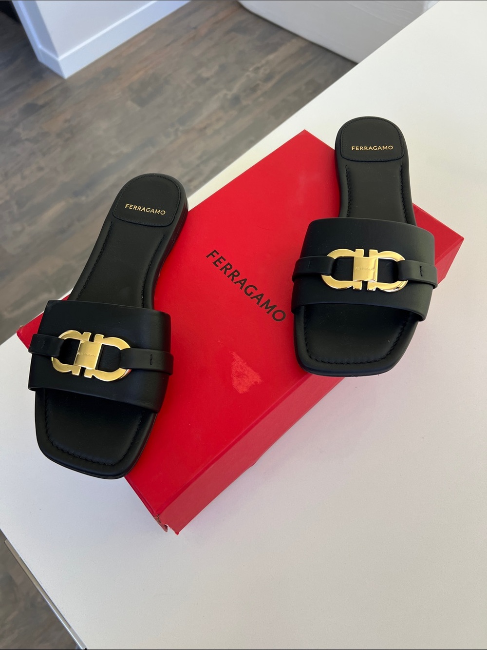 Ferragamo black leather with gold tone hardware open toe flat sandals slides 9C